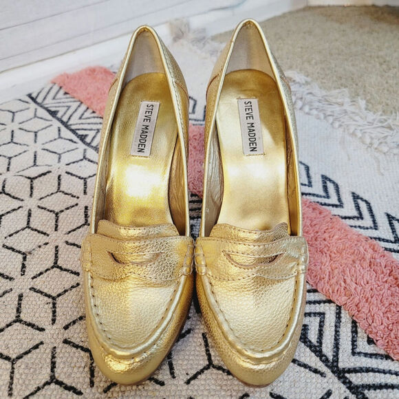 Steve Madden Gold Leather Platforms Loafer Heels, sz 9 - Picture 4 of 13